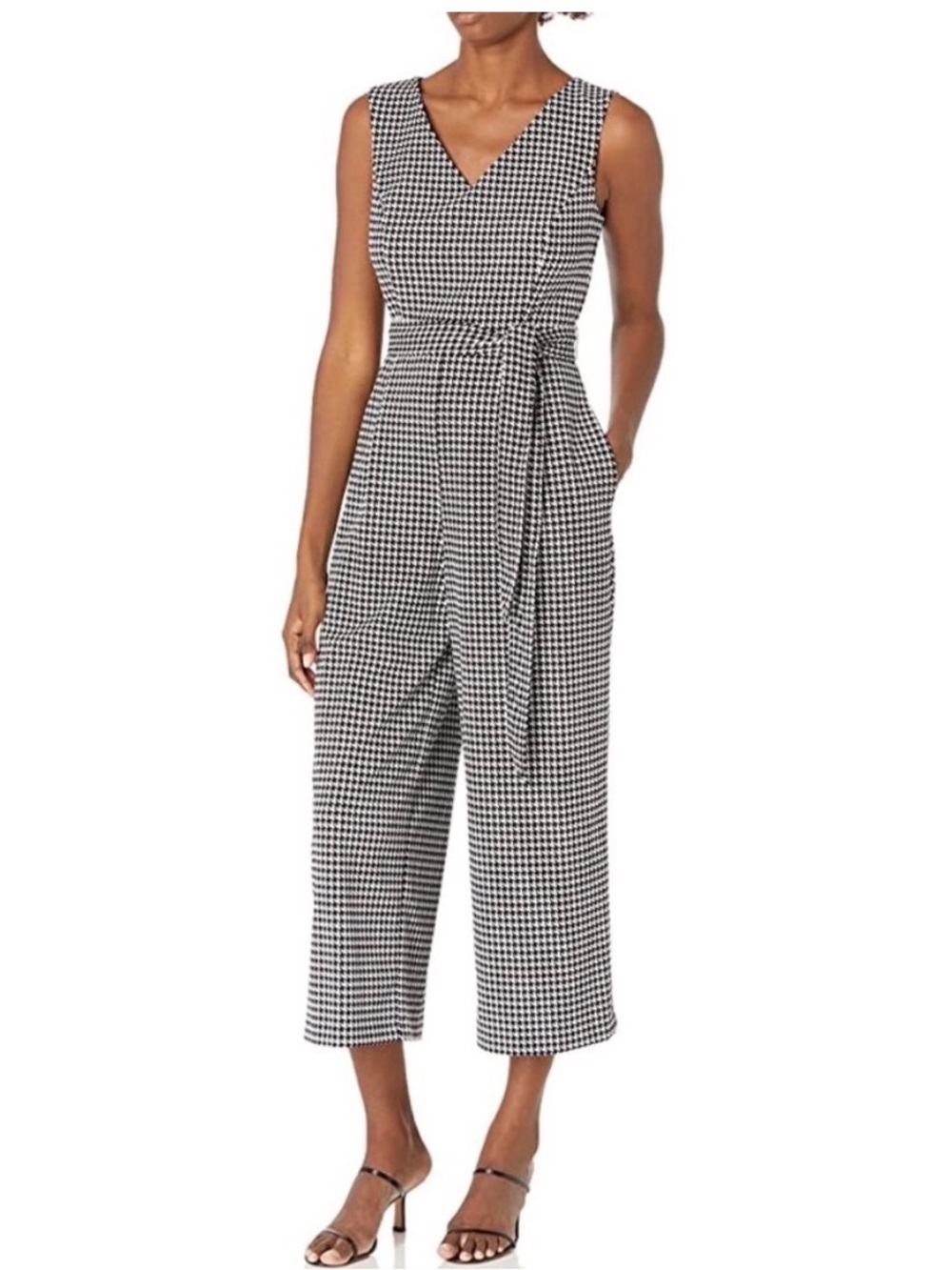 Calvin Klein Black and White Houndstooth Sleeveless Tie-Waist Jumpsuit